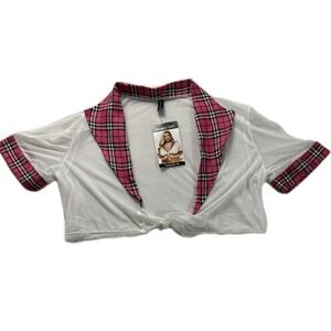 Schoolgirl Pink Plaid Sheer Mesh Crop Top Tie Front Costume Queen Size NWT